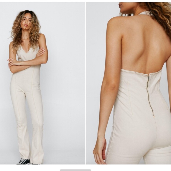 Fitted Halter Neck Denim Jumpsuit - Picture 1 of 7